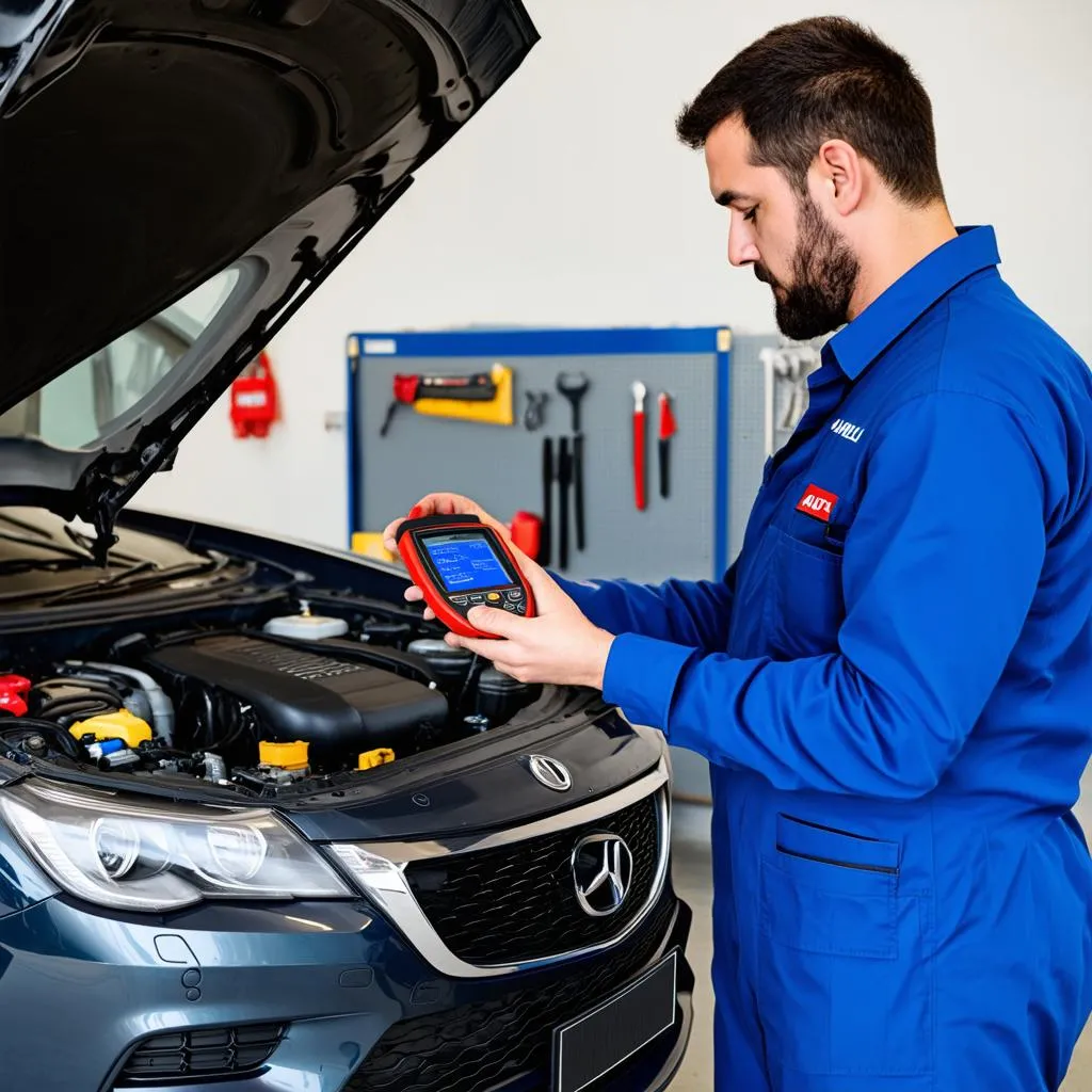 Mechanic using Autel VCI V200 in a repair shop