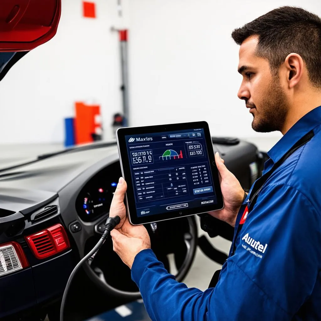 Mechanic using Autel VCI100 and tablet for car diagnostics