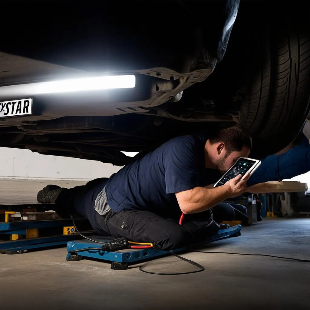 A mechanic using an Autel X-Star camera to inspect the undercarriage of a car.