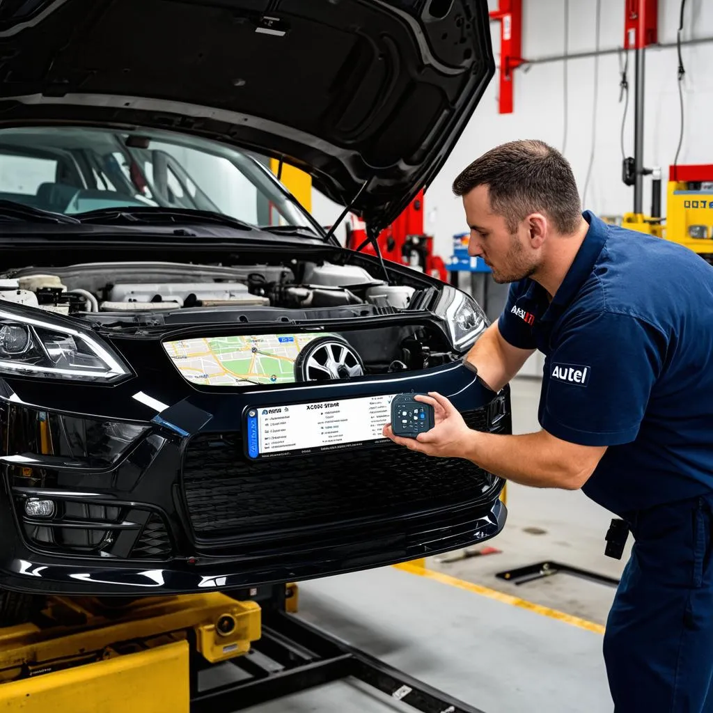 A mechanic using an Autel X-Star to diagnose a car problem with geo-mapping