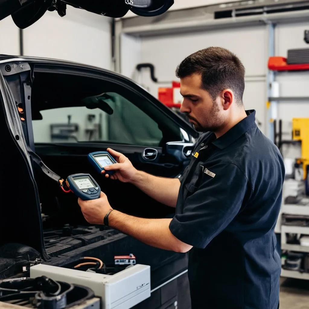 Mechanic using a diagnostic scanner