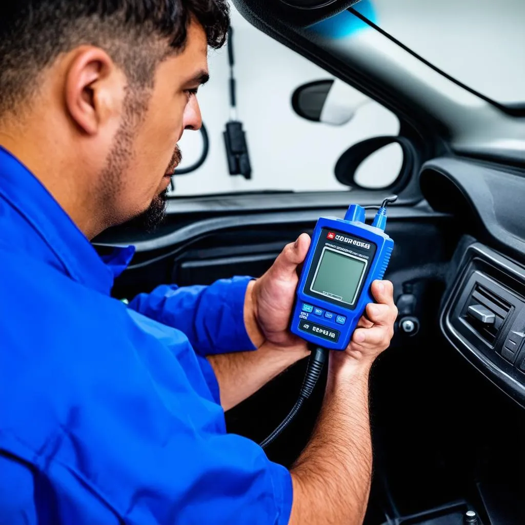 Mechanic using a diagnostic scanner on a car