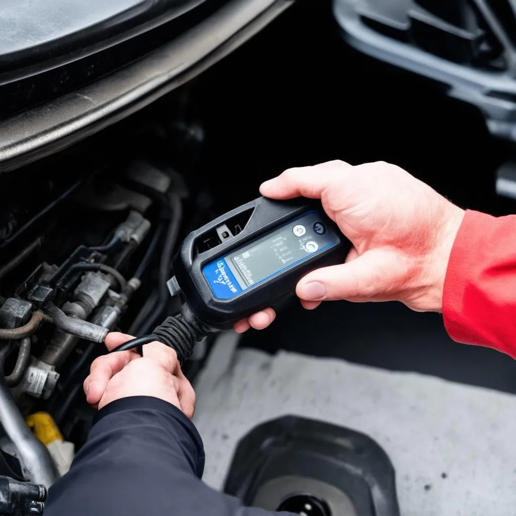 Mechanic plugging a diagnostic scanner into a car's OBD-II port