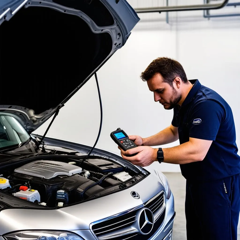 Mechanic Using Diagnostic Scanner on Mercedes W203