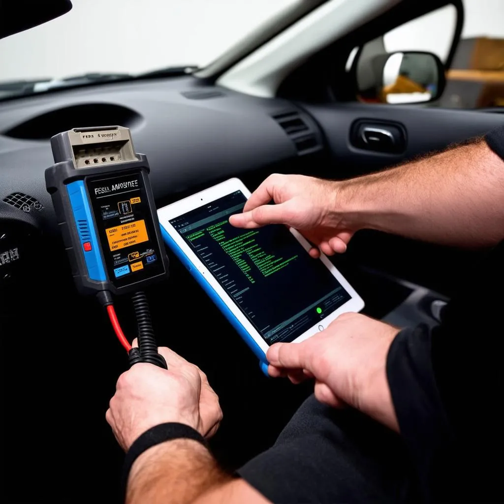 Mechanic Using a Diagnostic Tool on a Car