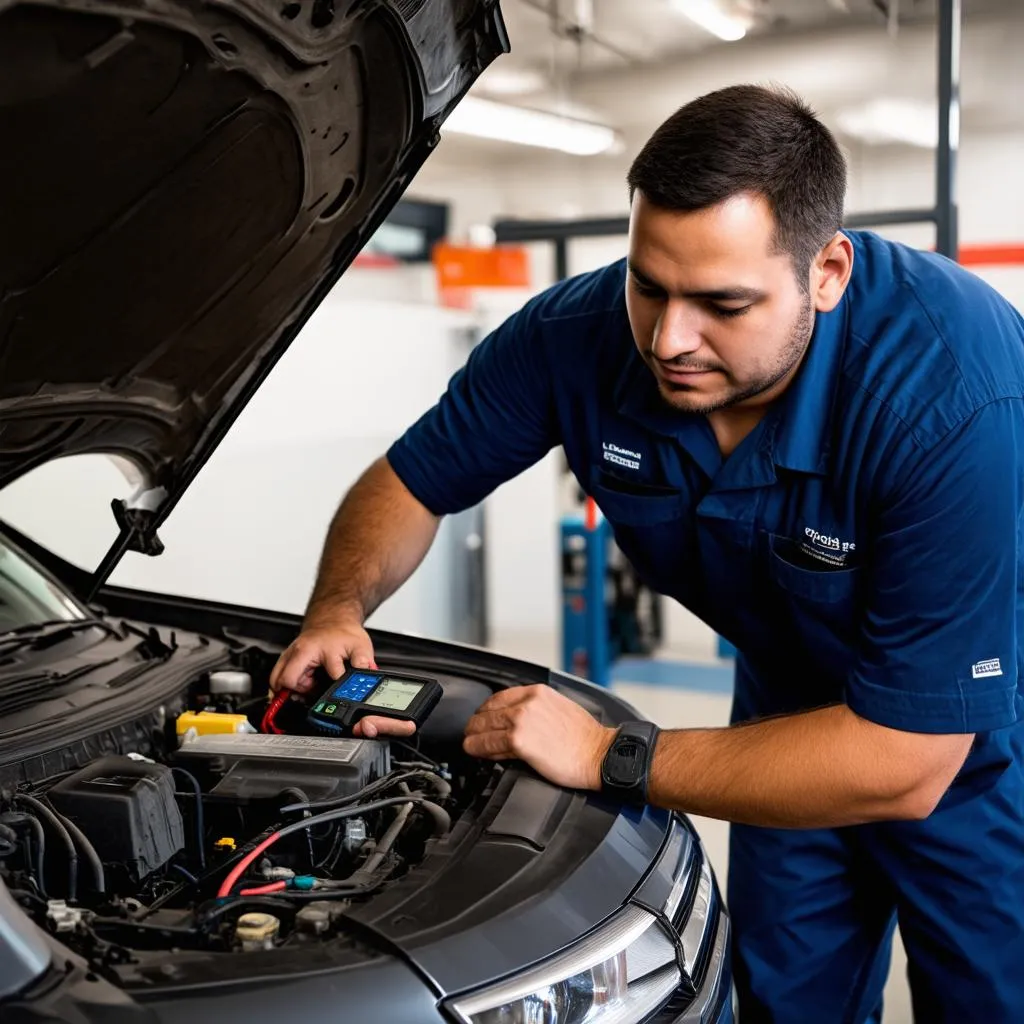 Mechanic using a diagnostic tool on a car