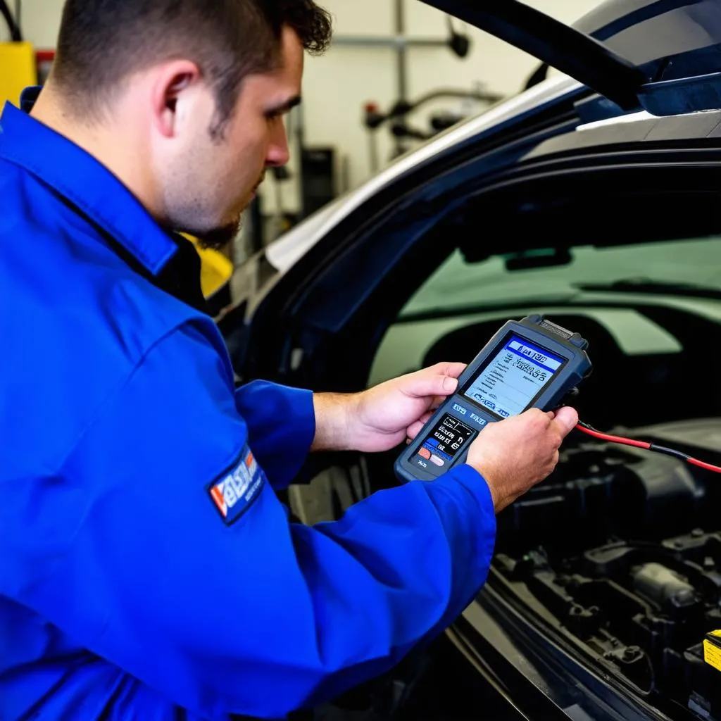 Mechanic using diagnostic tool