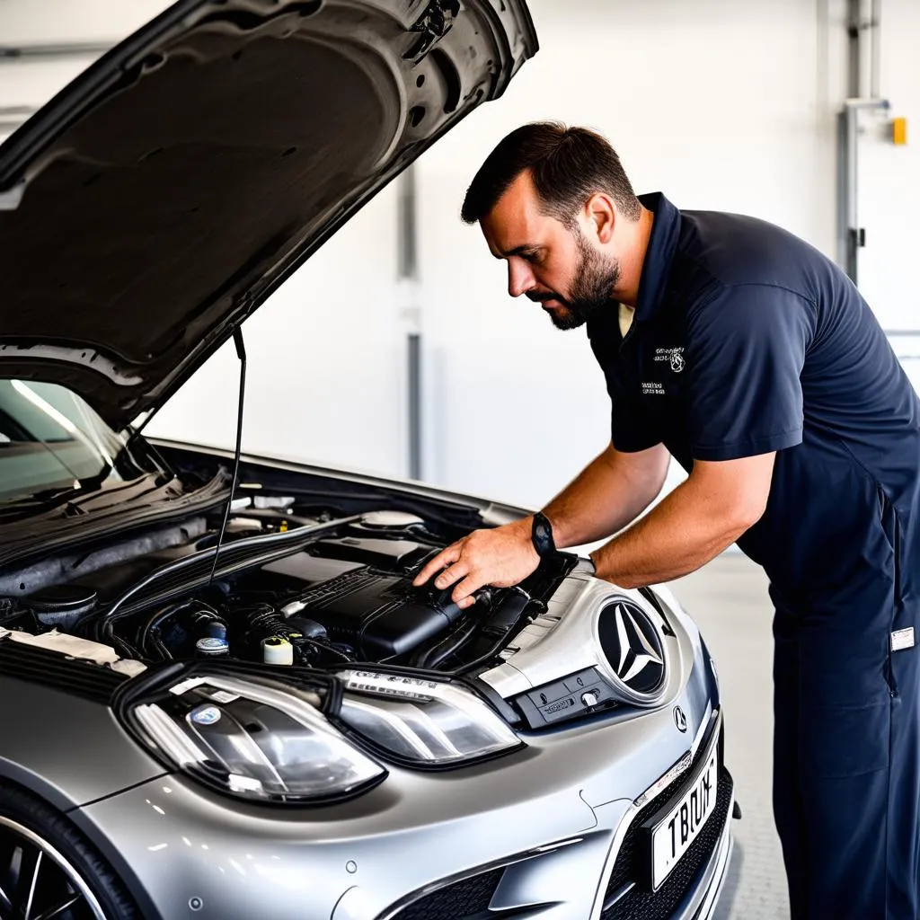 Mechanic Using Diagnostic Tool on Mercedes-Benz