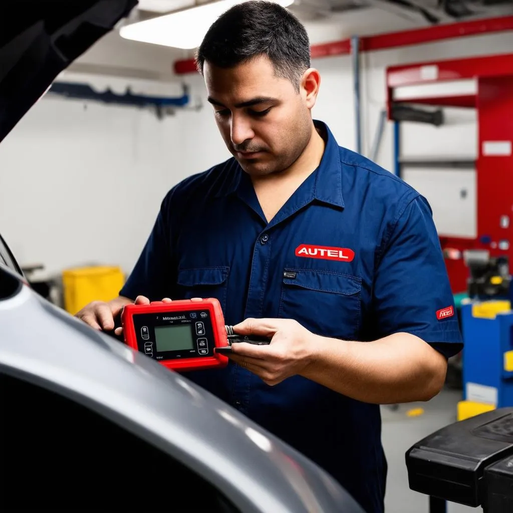 Mechanic using Autel MaxiDAS DS708