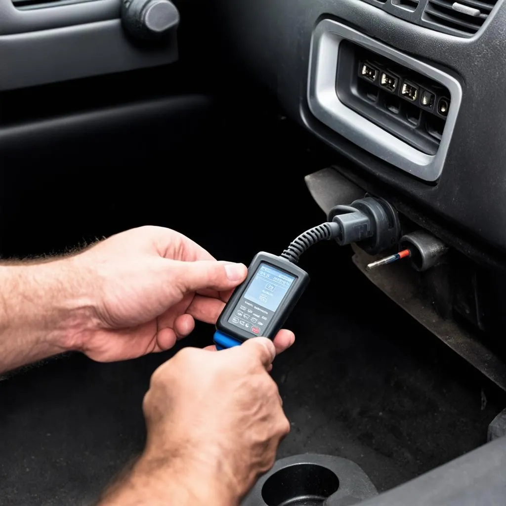 Mechanic plugging a diagnostic tool into a car's OBD2 port