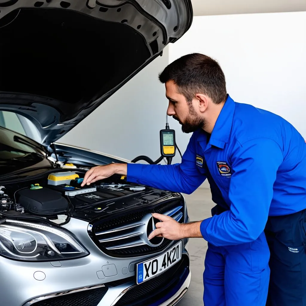 Mechanic using diagnostic tool on Mercedes