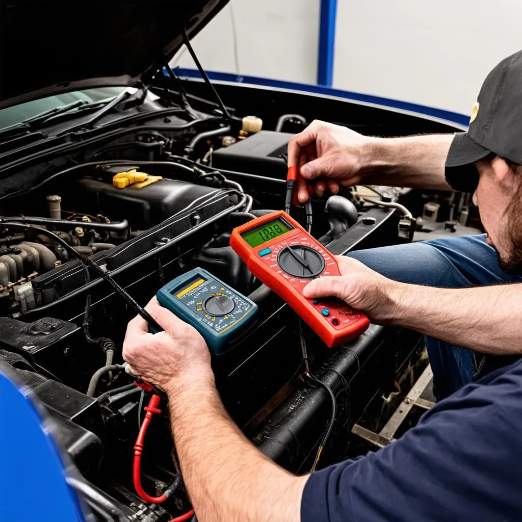 Mechanic using diagnostic tools on a car engine