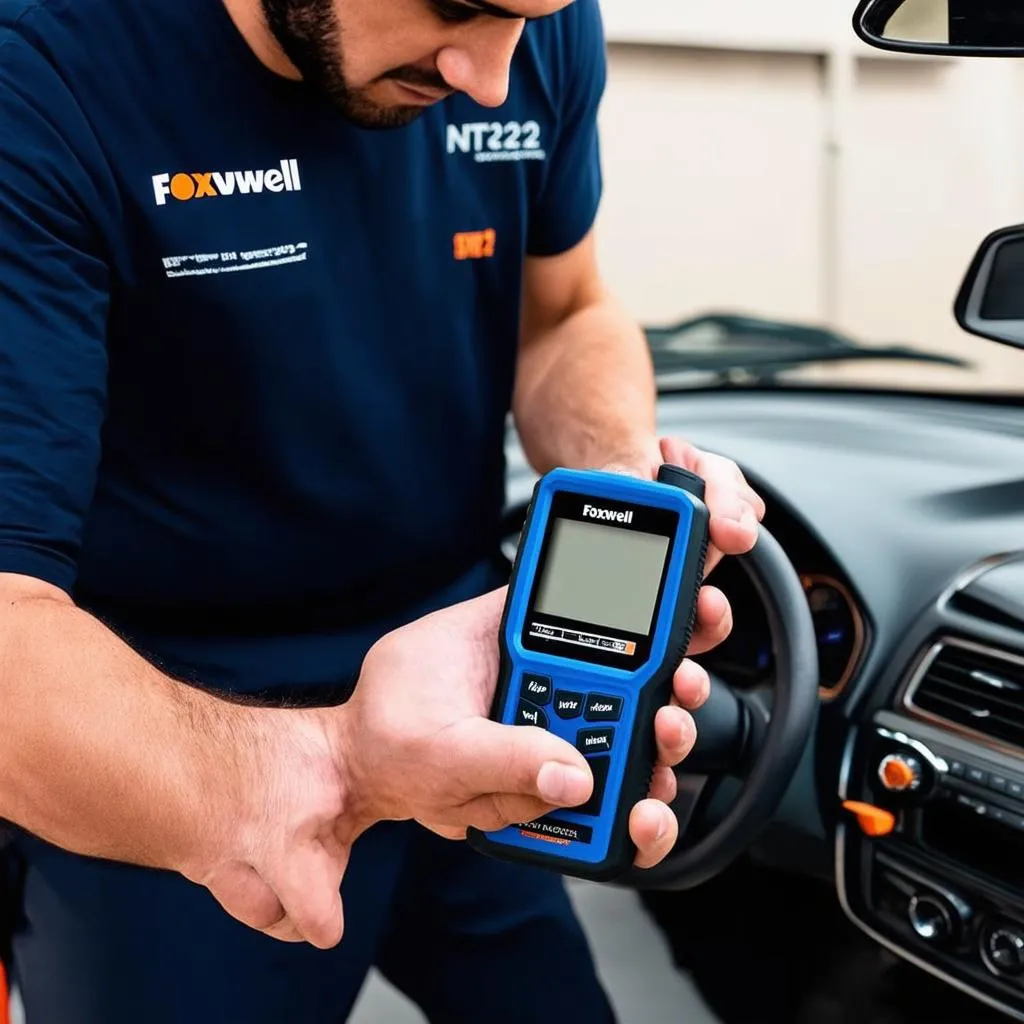 Mechanic using Foxwell NT201 Scanner