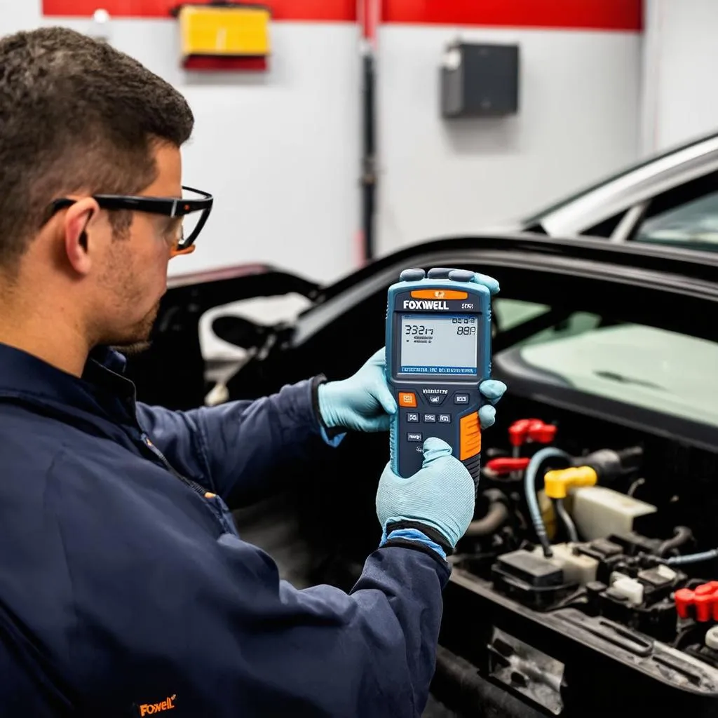 Mechanic Diagnosing Car with Foxwell NT644 Scanner