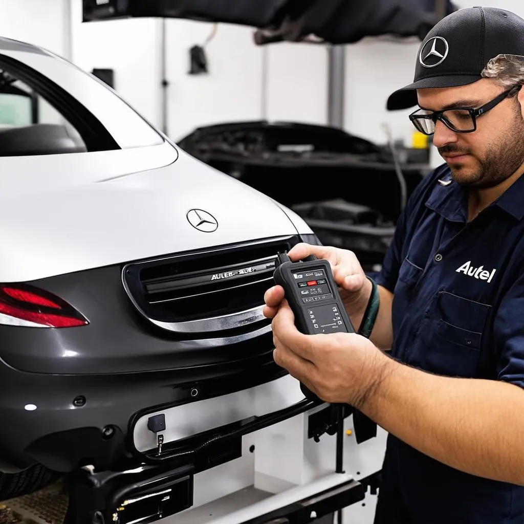 Mechanic using Autel G-Box 3 on Mercedes