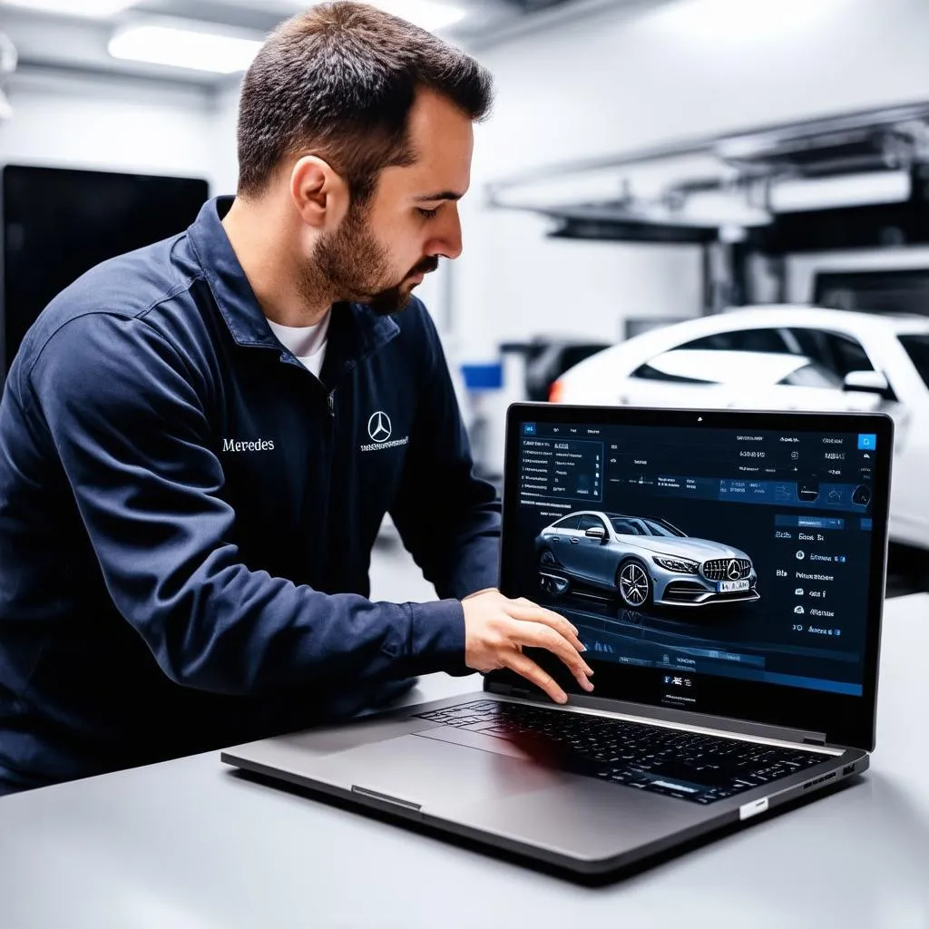 Mechanic Using Laptop For Car Diagnostics