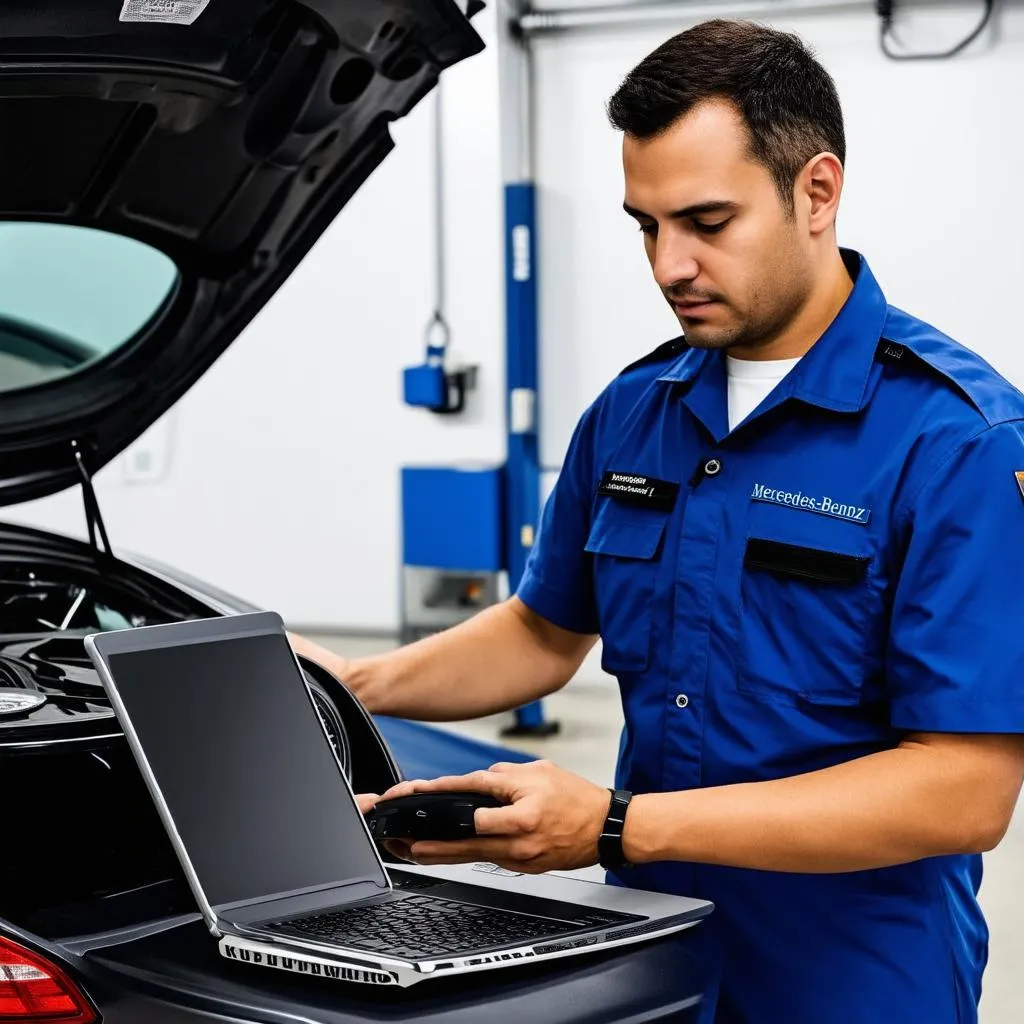 Mechanic using laptop to diagnose a Mercedes-Benz car