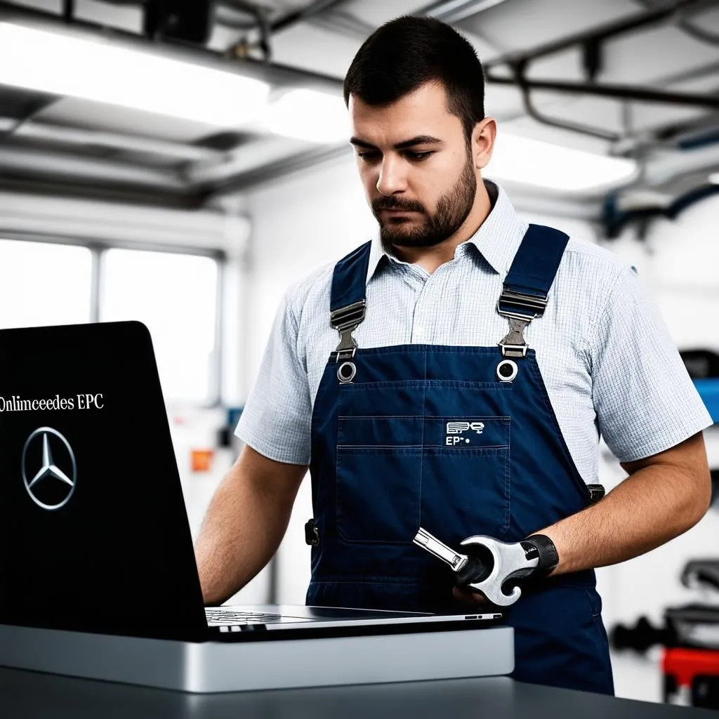 Mechanic using laptop in garage