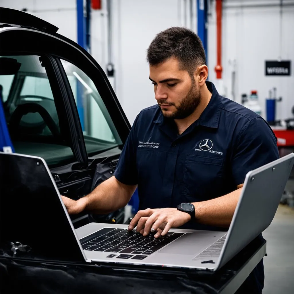 Mechanic using Mercedes diagnostic software