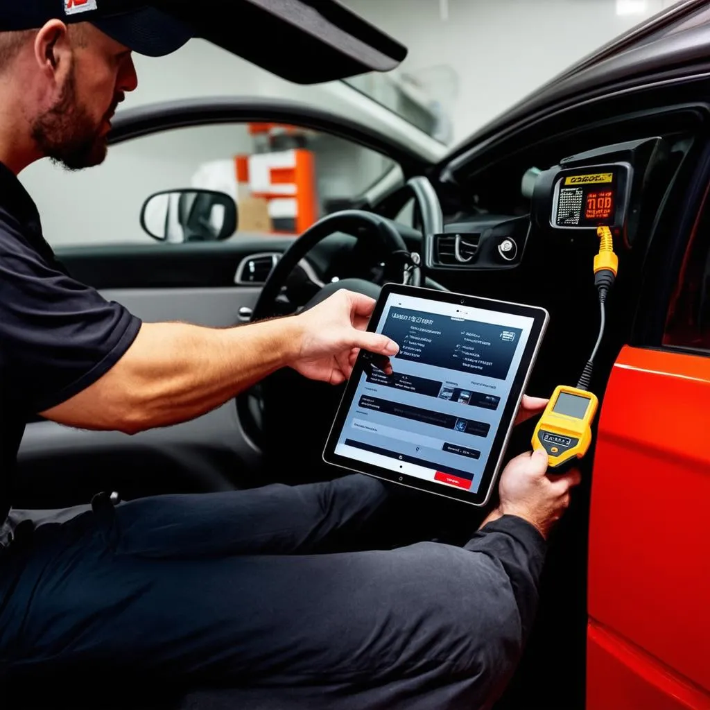 Mechanic using an OBD2 scanner to diagnose a car