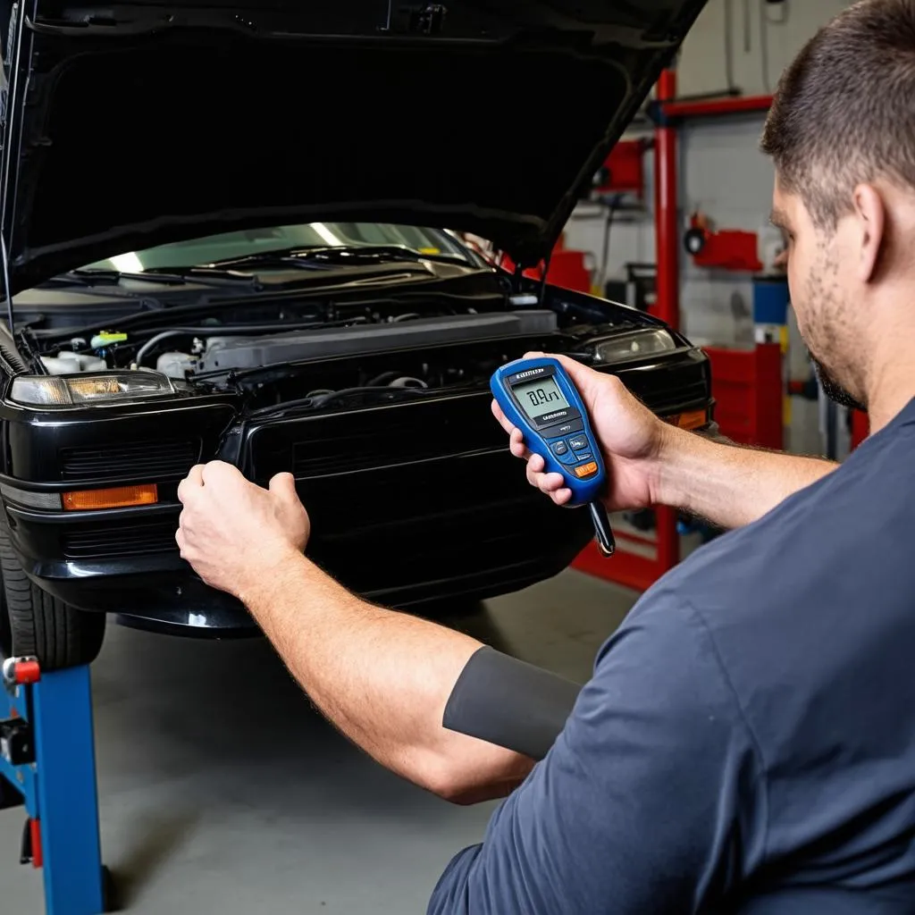 Mechanic Using OBD2 Scanner on a Car