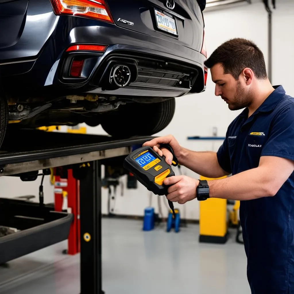 Mechanic using OBD2 scanner on a car