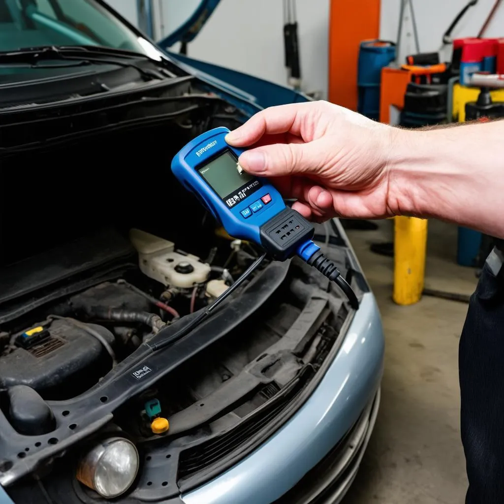 Mechanic plugging an OBD2 scanner into a car's port