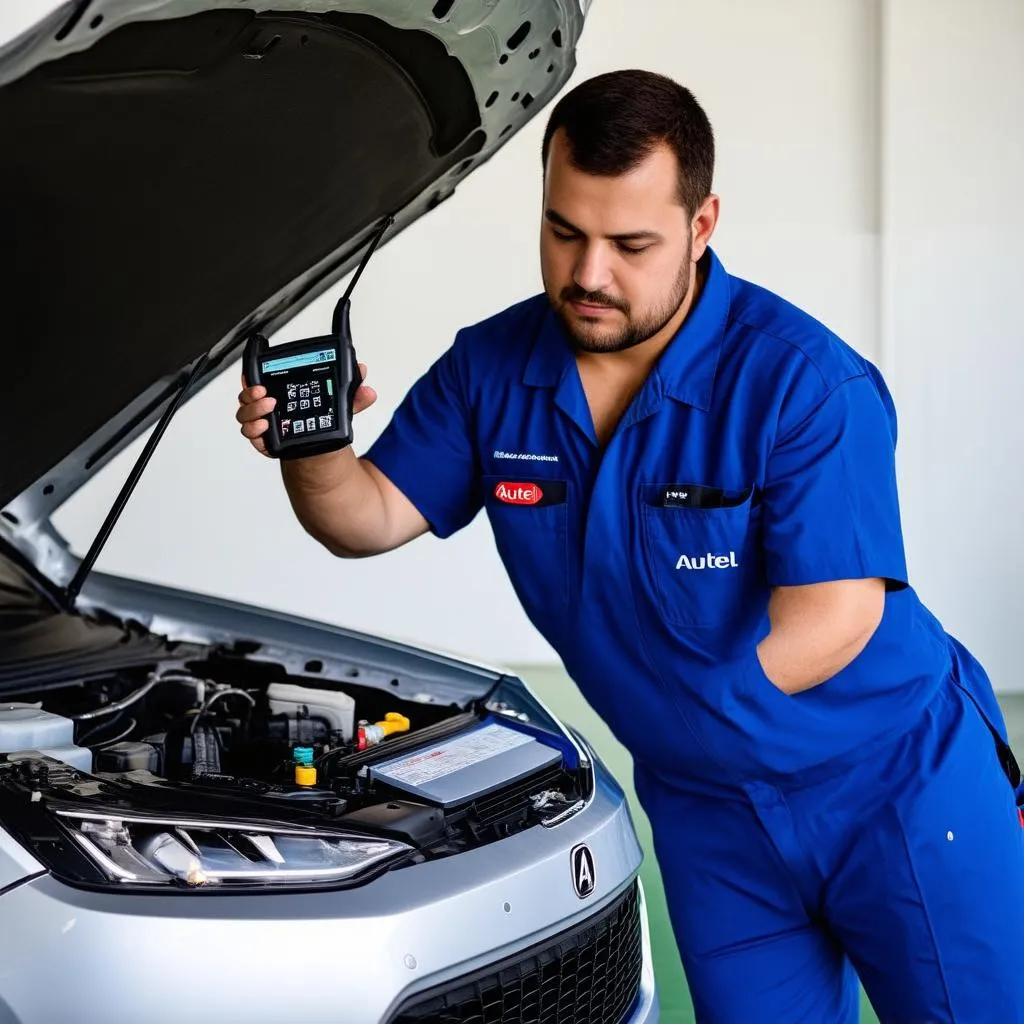 Mechanic Using Autel Scanner On Car