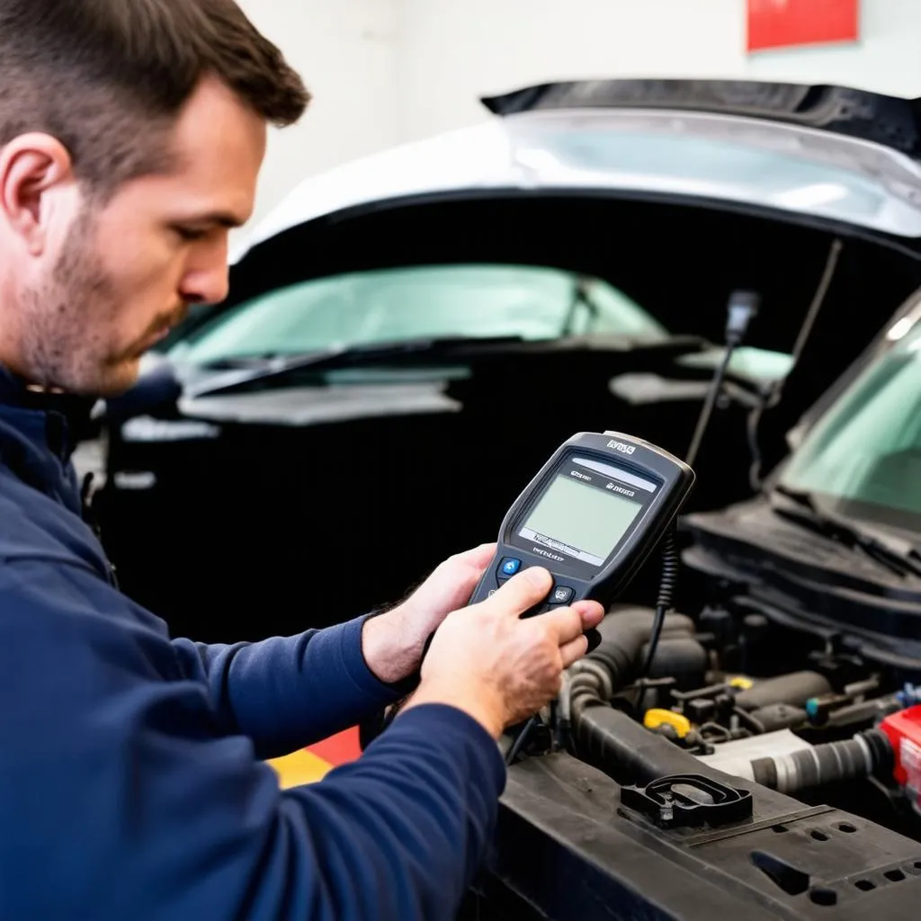 Mechanic using a diagnostic scanner