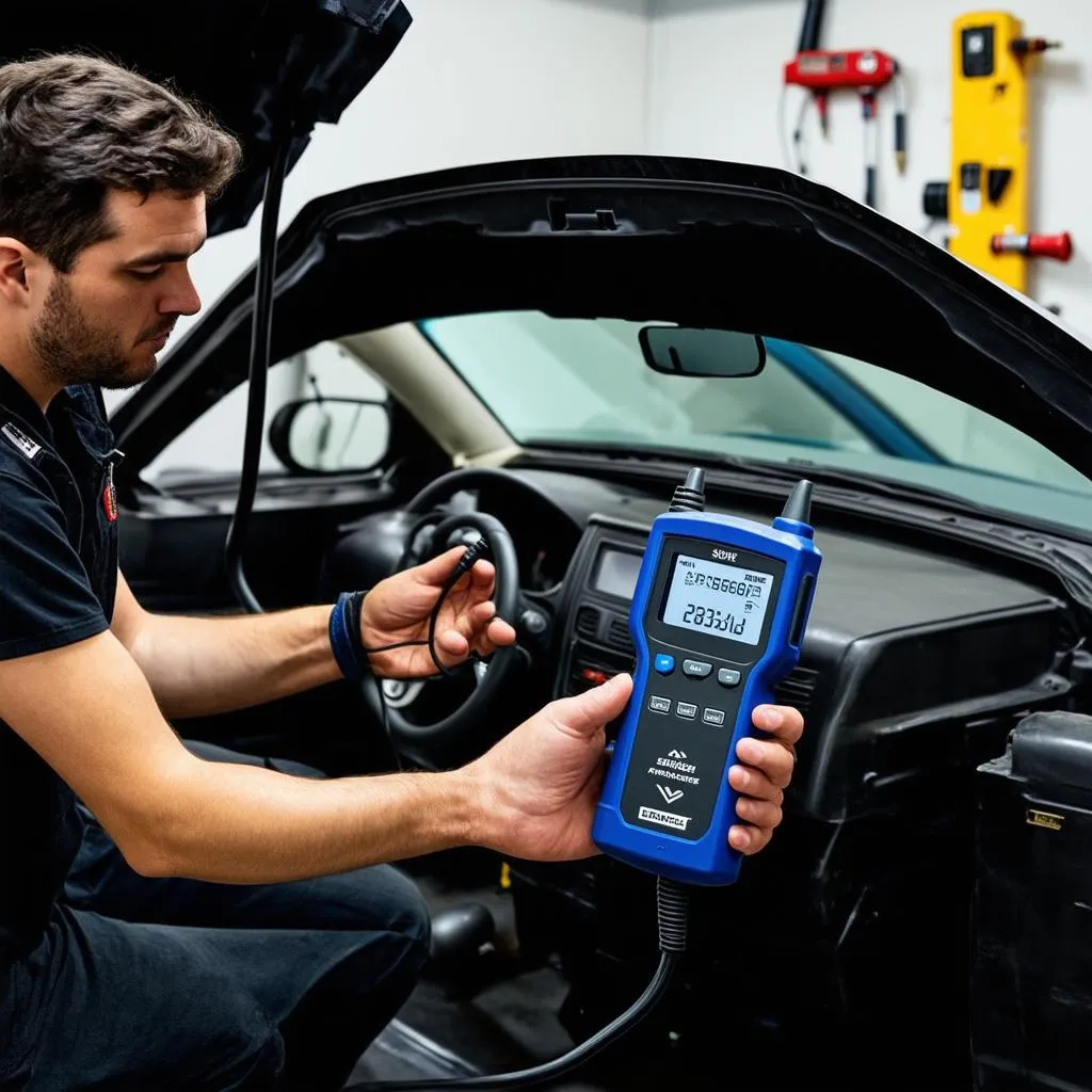 Mechanic using a diagnostic scanner on a car