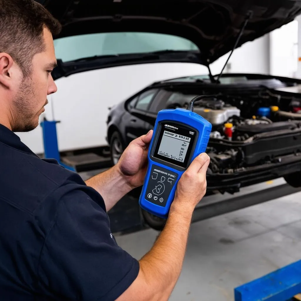 Mechanic using OBD2 scanner