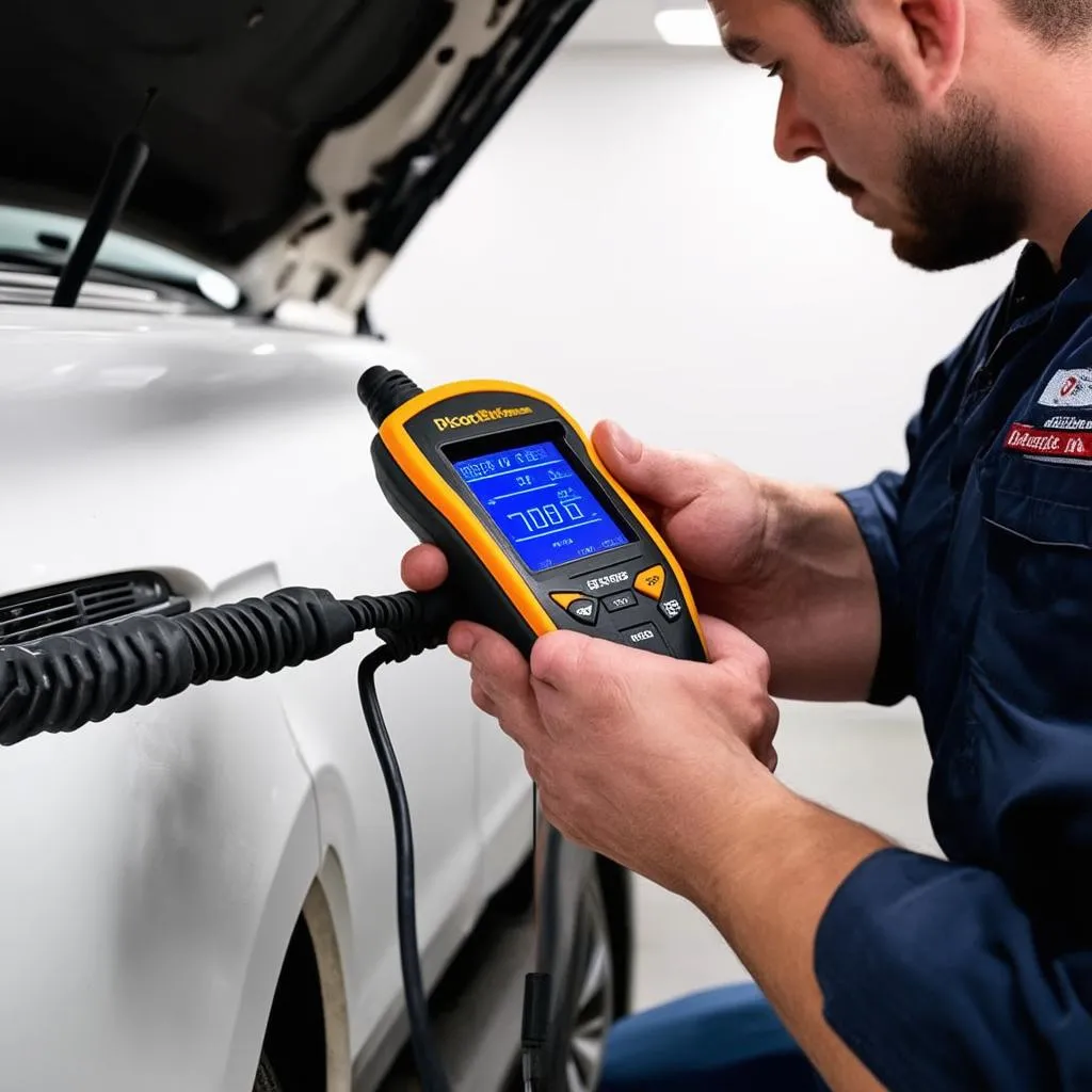 Mechanic using a diagnostic scanner on a car