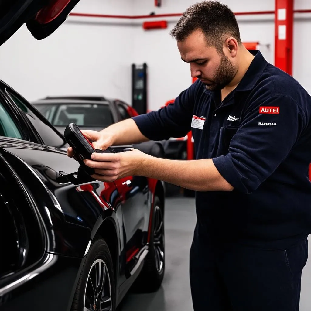 Mechanic using Autel MaxiDAS DS708 scanner