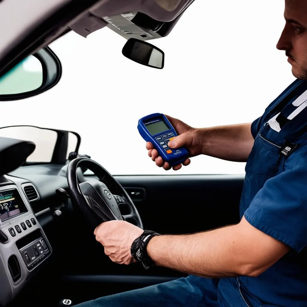 Mechanic using a diagnostic scanner