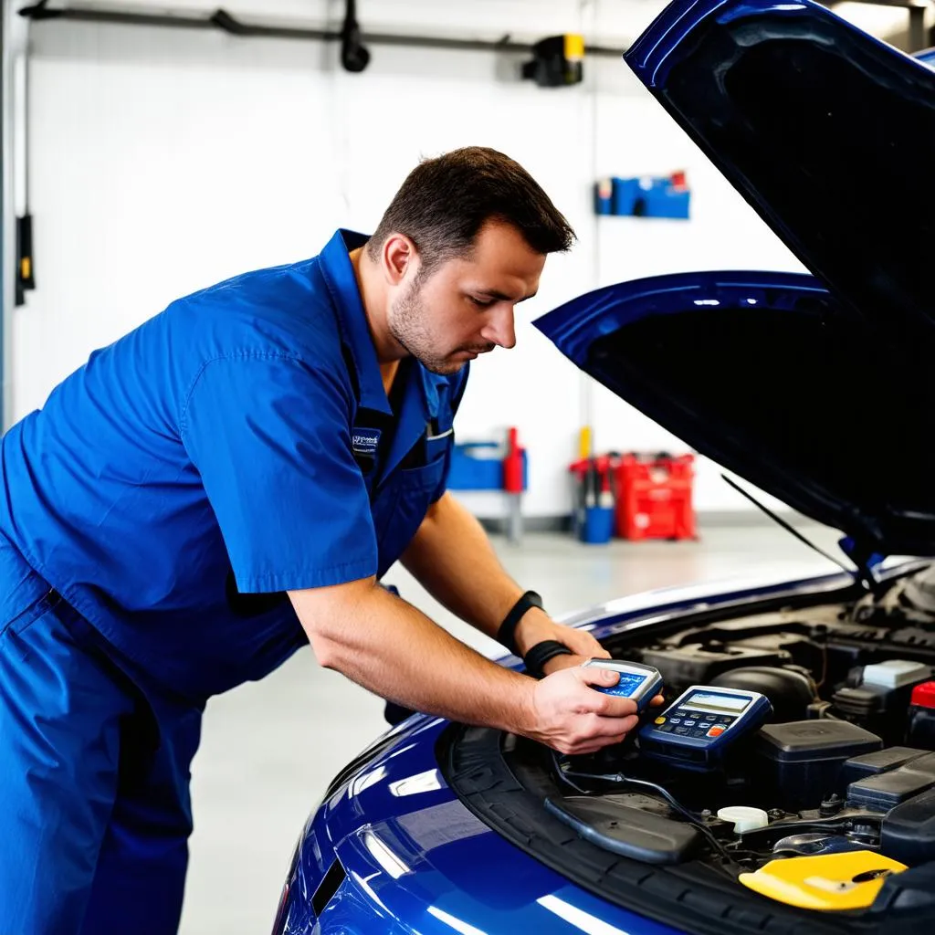 Mechanic using a diagnostic scanner