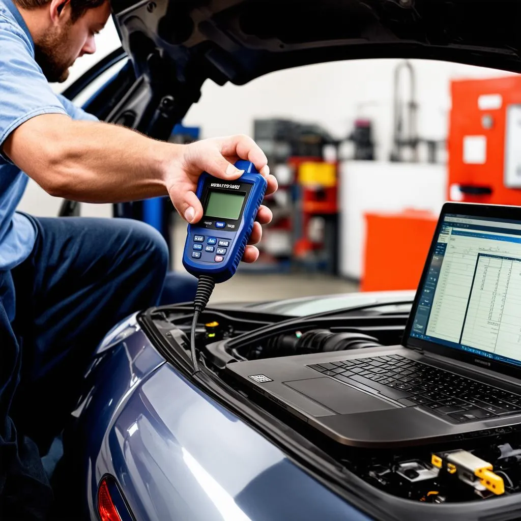 Mechanic using a diagnostic scanner and laptop