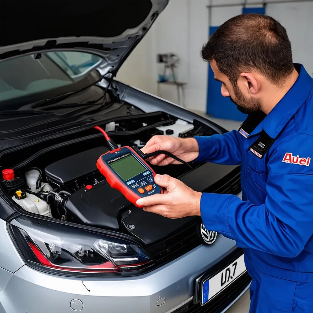 Mechanic Using Diagnostic Scanner on Car