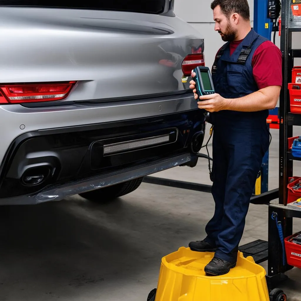 Mechanic using scanner on a European car