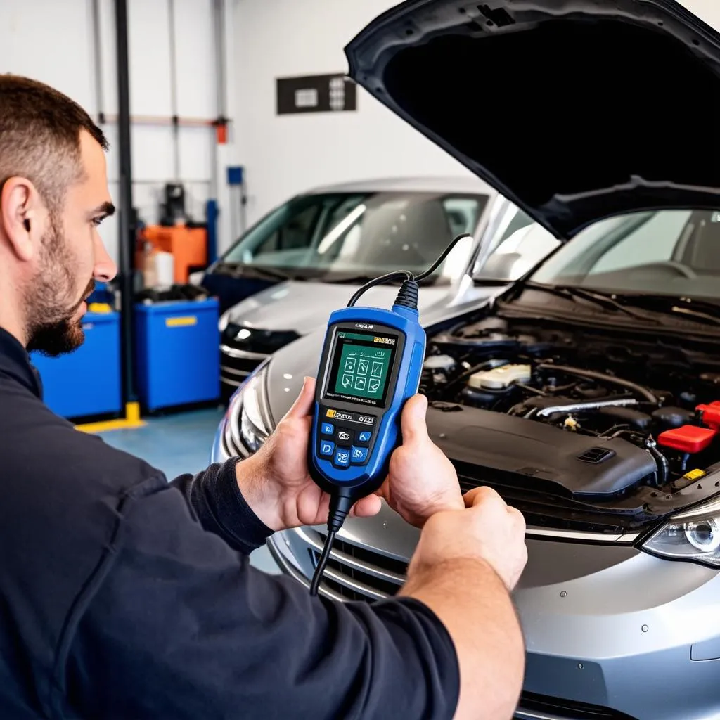 Mechanic using scanner on European car