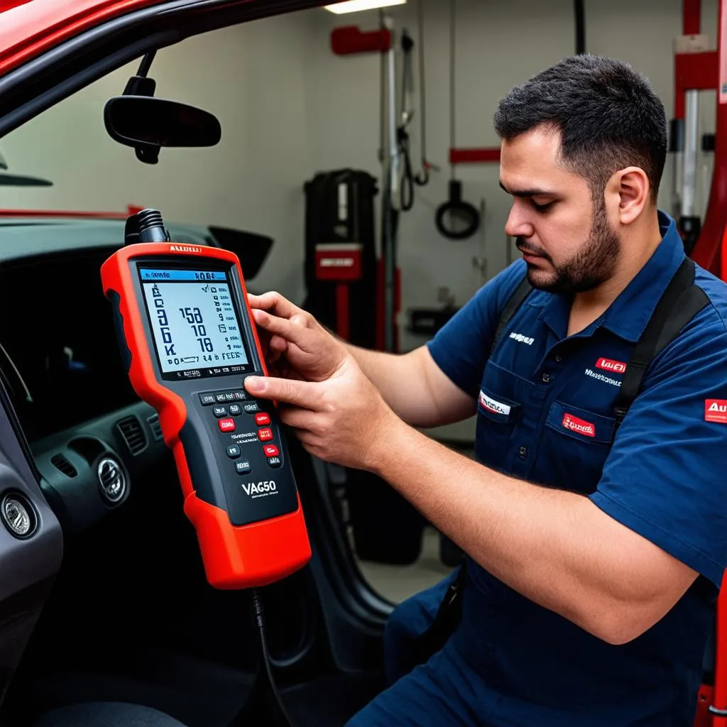 Mechanic using VAG505 Diagnostic Tool