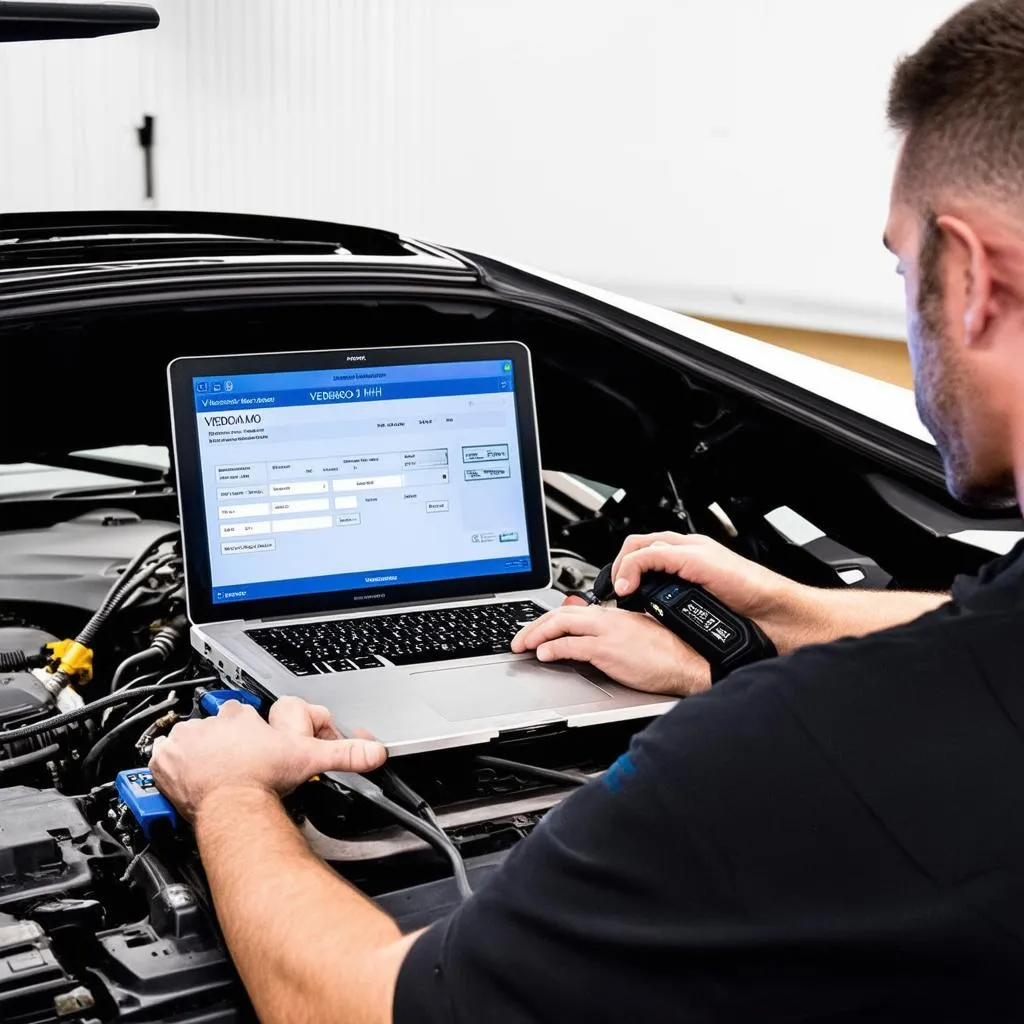 Mechanic using VEDIAMO to diagnose a Mercedes-Benz