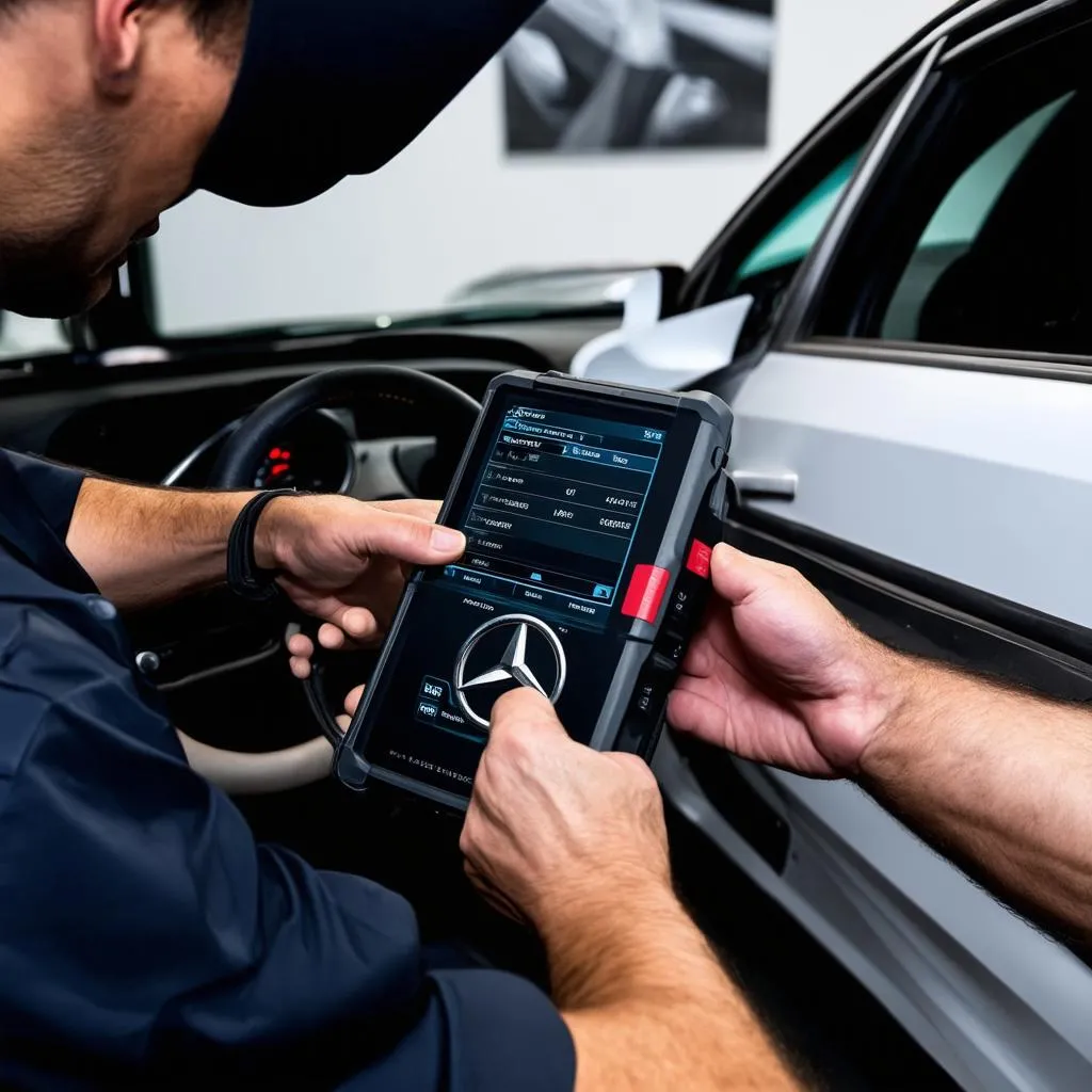 Mechanic Using Xentry on Mercedes