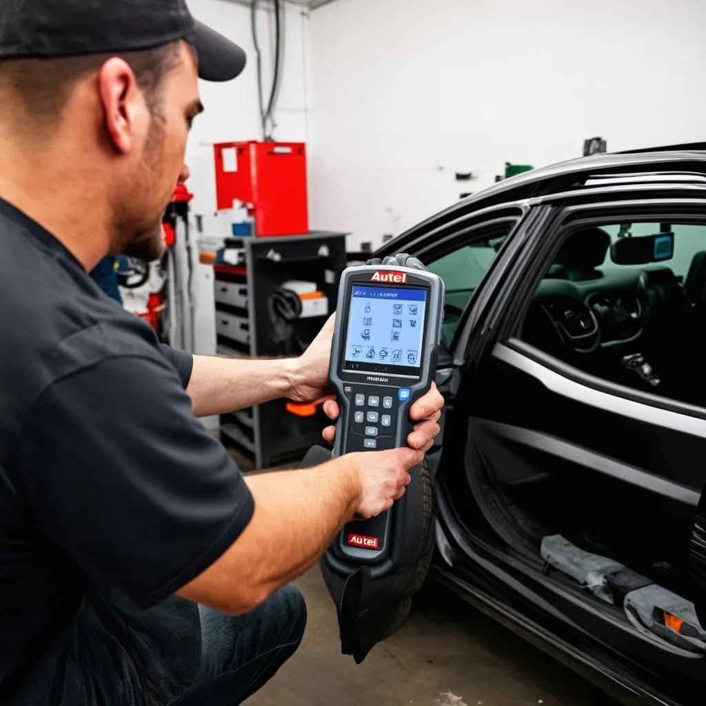 Mechanic using an Autel MaxiSys scanner