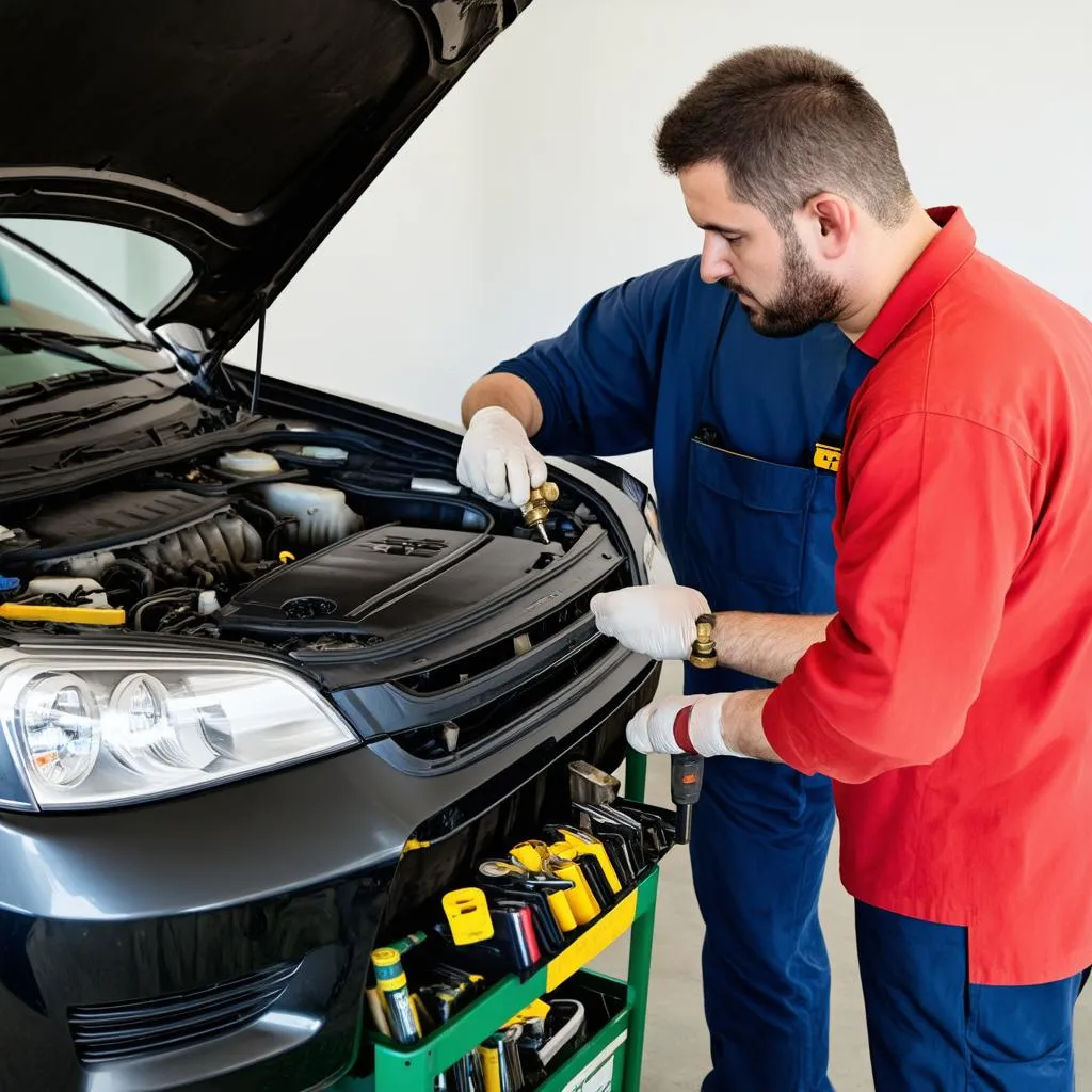 Mechanic working under the hood of a car with tools organized on a tool cart.