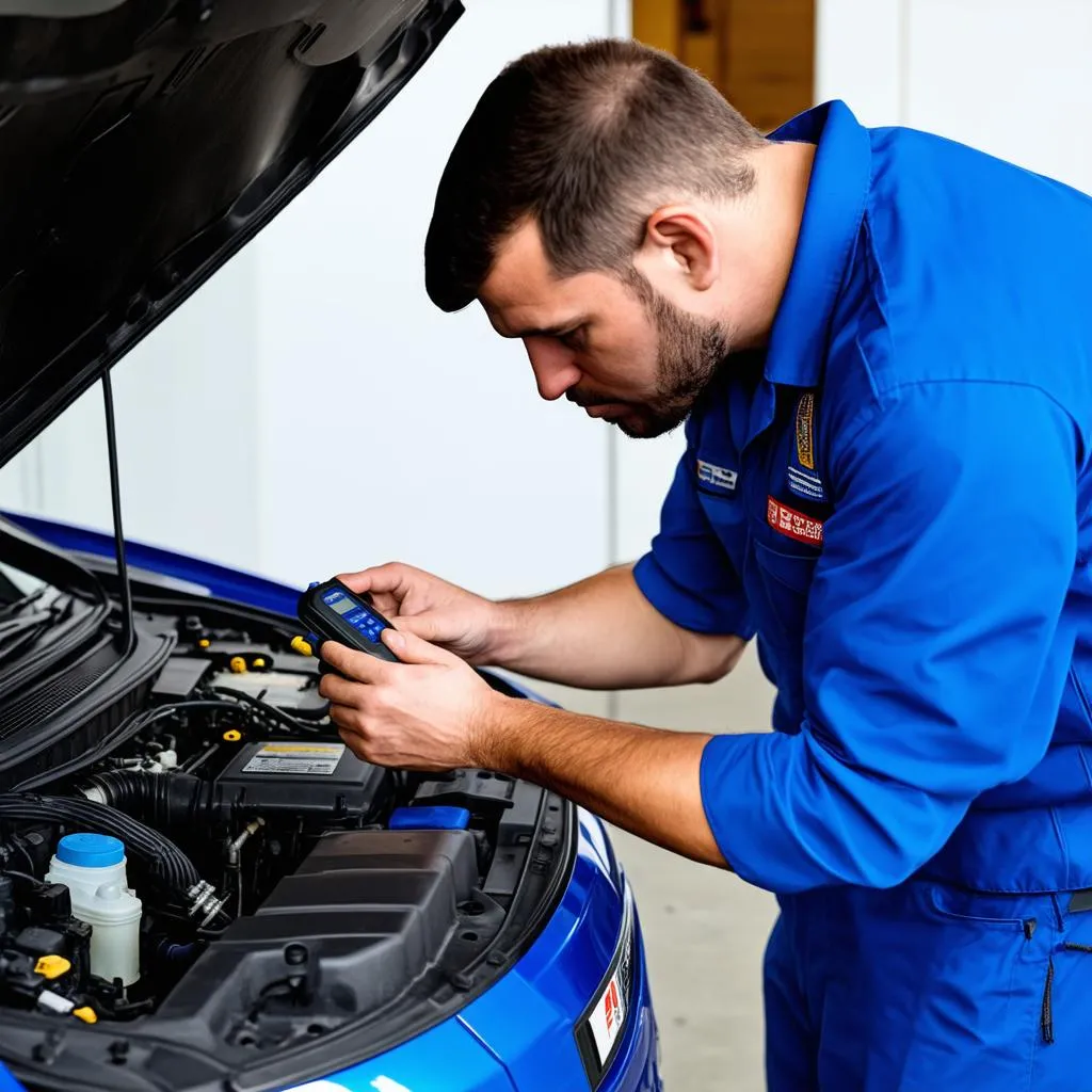 Mechanic diagnosing a car problem