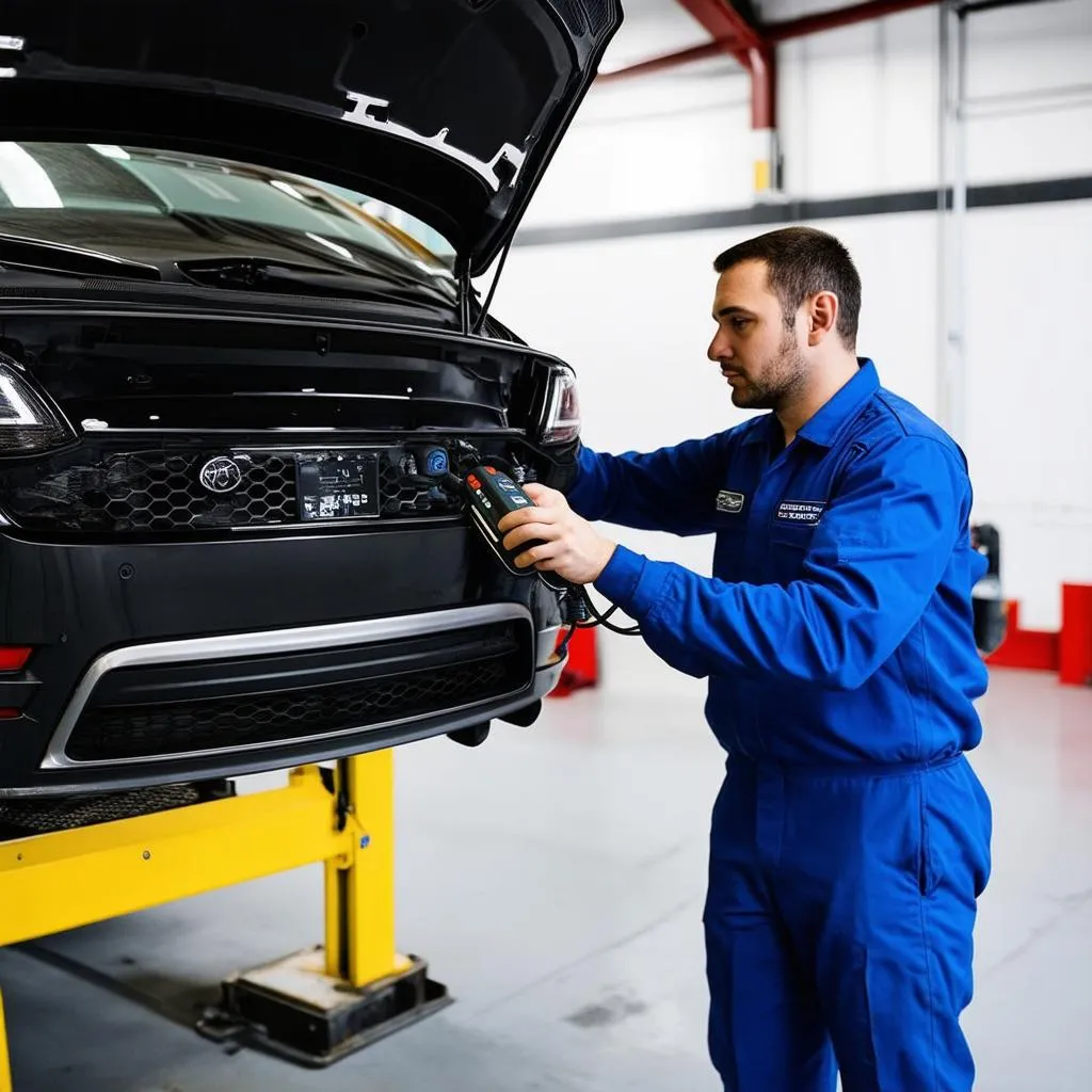 Mechanic diagnosing a car