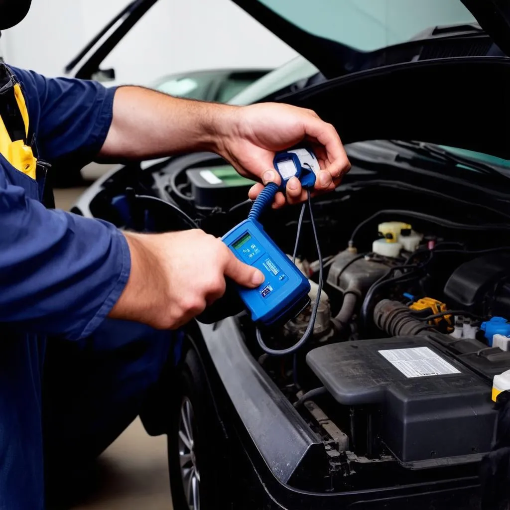 car mechanic using a diagnostic scanner on a car