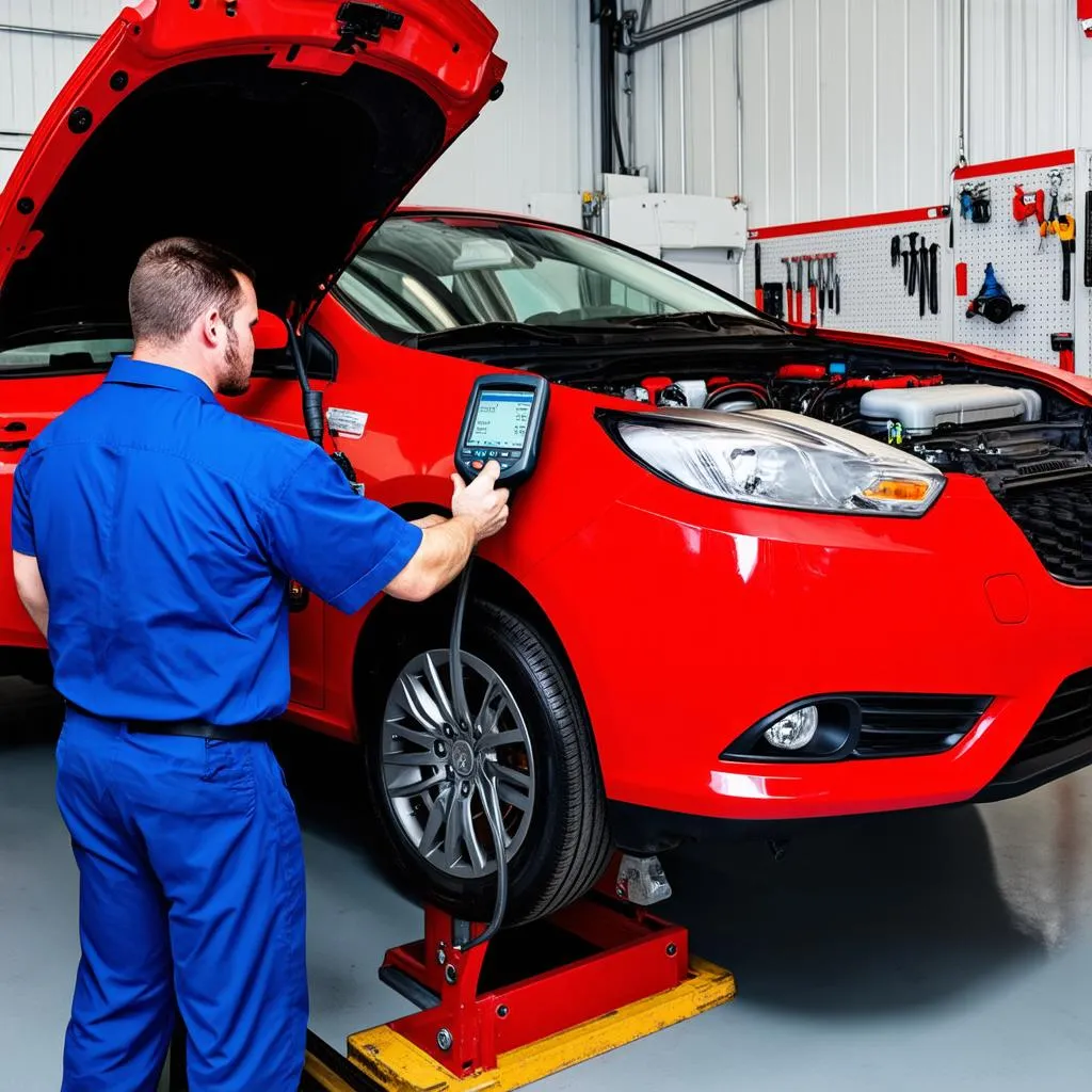 Mechanic using diagnostic tool on a car