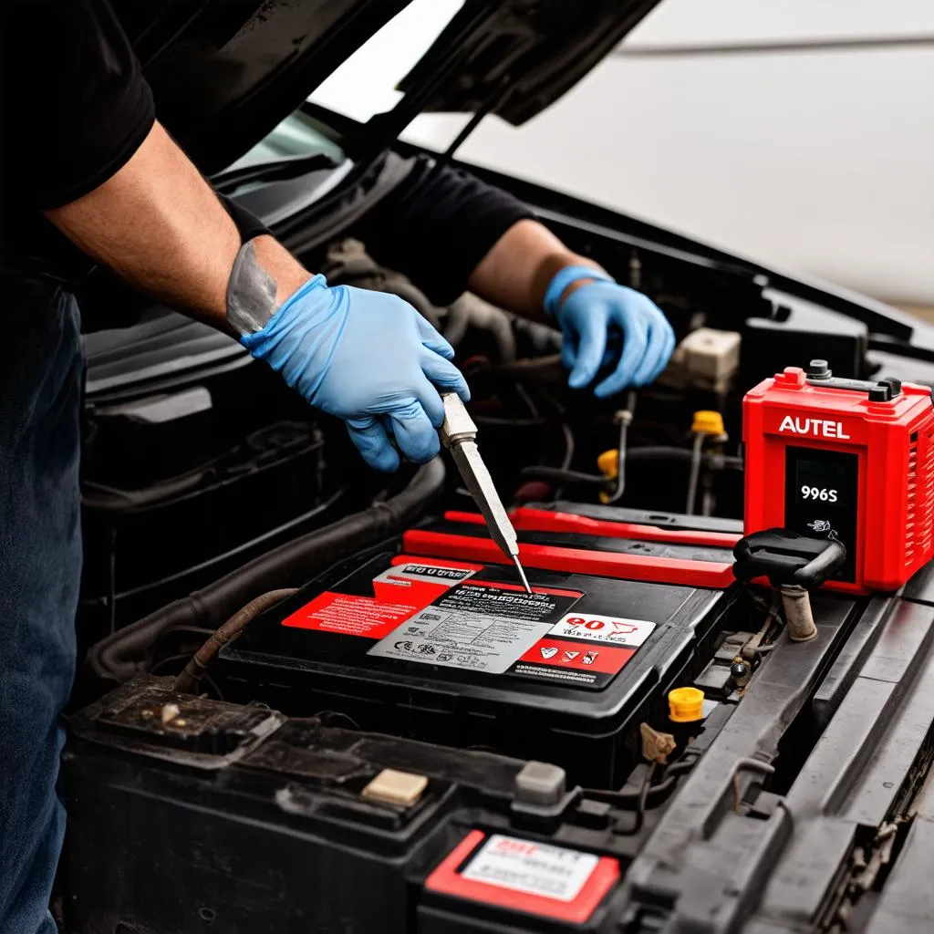 Mechanic working on a car battery with an Autel 906TS in the background