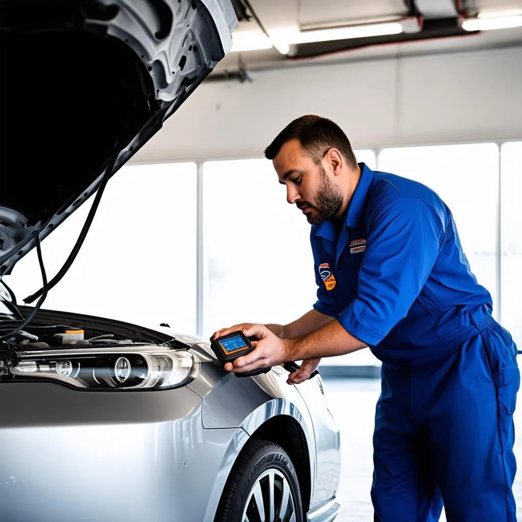 Mechanic using diagnostic tool on a car